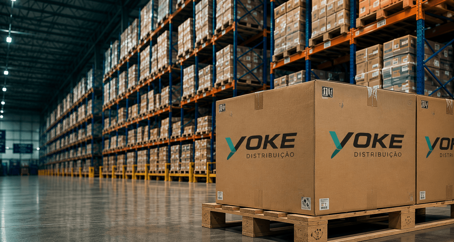 Estoque de produtos da VOKE organizado para distribuição