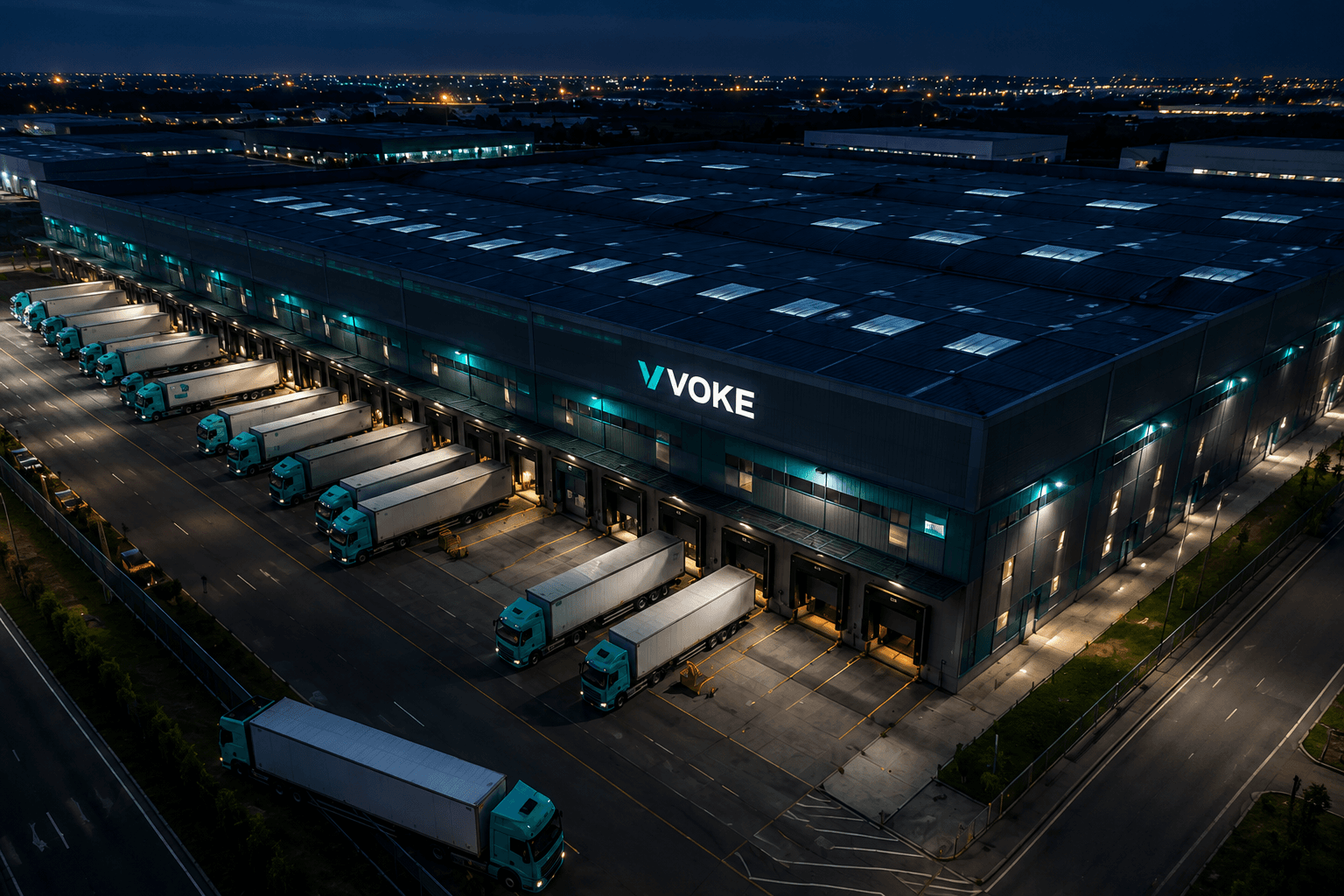Vista aérea noturna do centro de distribuição VOKE com caminhões nas docas