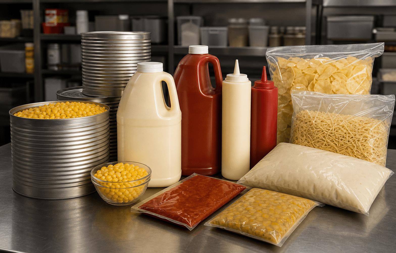 Latas grandes de milho, ketchup e maionese para restaurantes